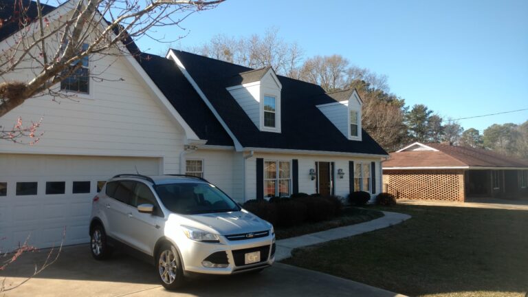 side angle view of a newly installed residential roof of a house in Georgia